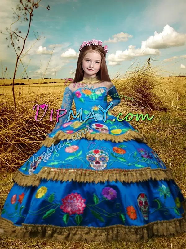 Best Blue High-neck Lace Up Embroidery Little Girl Pageant Dress Long Sleeves