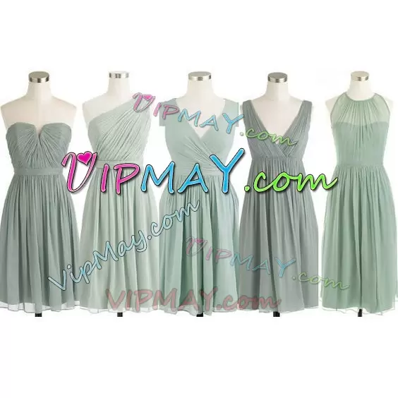 Adorable Sleeveless Chiffon Knee Length Lace Up Bridesmaid Dress in Green with Ruching