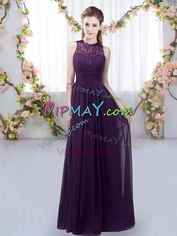 Chic Dark Purple Chiffon Zipper Bridesmaid Dresses Sleeveless Floor Length Lace