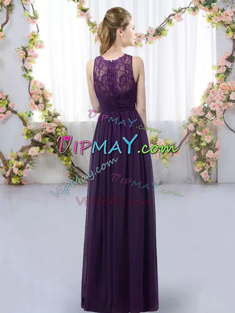 Chic Dark Purple Chiffon Zipper Bridesmaid Dresses Sleeveless Floor Length Lace