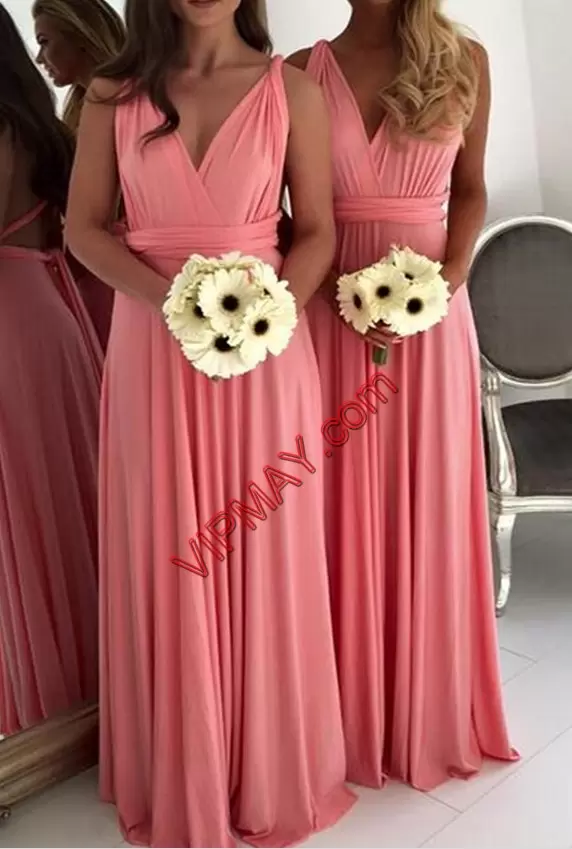 Watermelon Red Lace Up Bridesmaid Gown Beading and Lace Sleeveless Floor Length Sweep Train