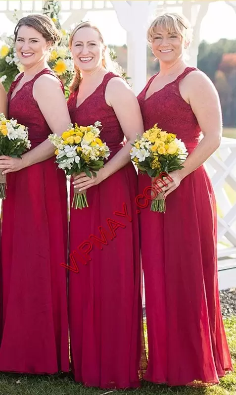 Custom Design Red Empire Lace and Appliques and Ruching Bridesmaid Dress Chiffon Sleeveless Floor Length