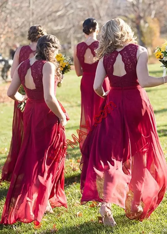 Custom Design Red Empire Lace and Appliques and Ruching Bridesmaid Dress Chiffon Sleeveless Floor Length