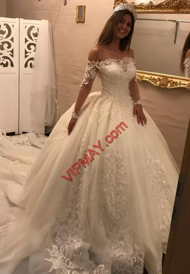 Clearance White Ball Gowns Tulle Off The Shoulder Long Sleeves Appliques Lace Up Wedding Gown Chapel Train