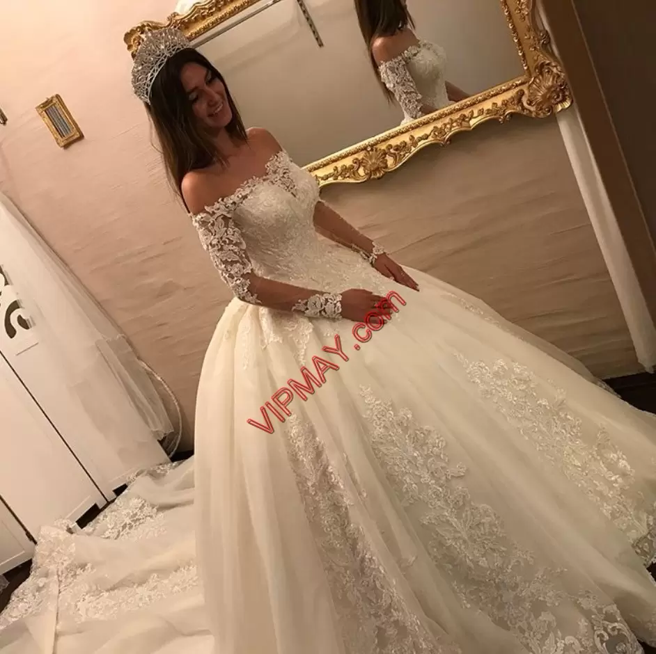 Clearance White Ball Gowns Tulle Off The Shoulder Long Sleeves Appliques Lace Up Wedding Gown Chapel Train