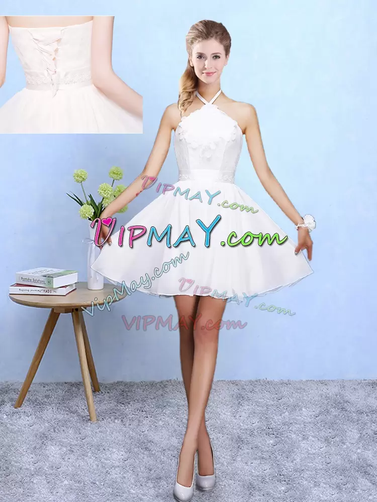 Glittering White A-line Lace and Appliques Court Dresses for Sweet 16 Lace Up Chiffon Sleeveless Mini Length