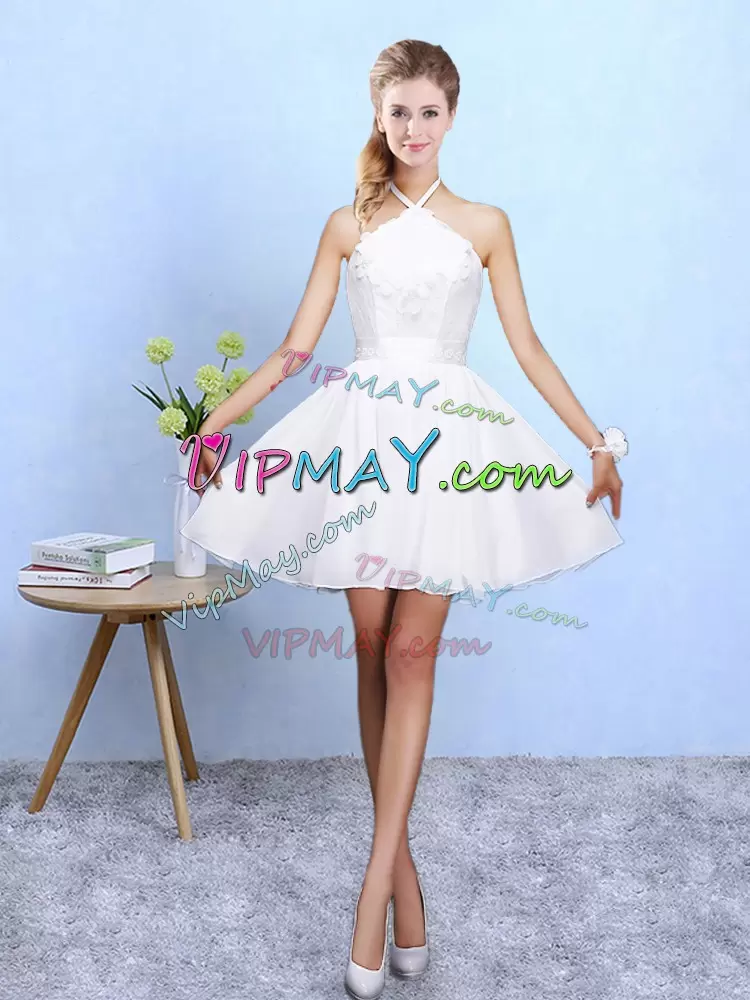 Glittering White A-line Lace and Appliques Court Dresses for Sweet 16 Lace Up Chiffon Sleeveless Mini Length