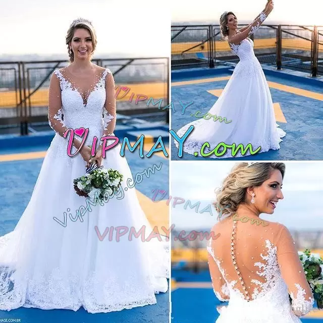 Shining Lace Wedding Gowns White Clasp Handle Long Sleeves Brush Train