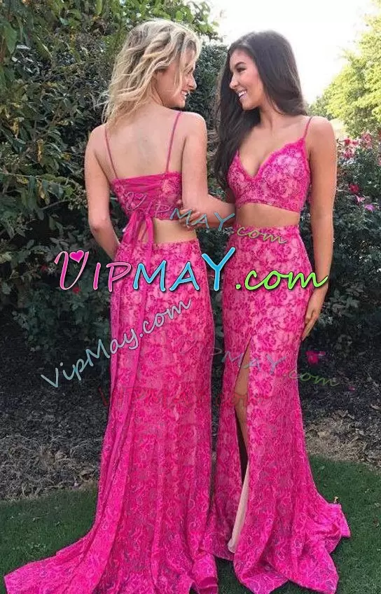 Sleeveless Floor Length Ruching Lace Up Bridesmaid Gown with Fuchsia