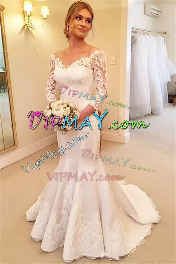 Trendy White Bridal Gown Beach and Wedding Party with Lace V-neck 3 4 Length Sleeve Brush Train Lace Up