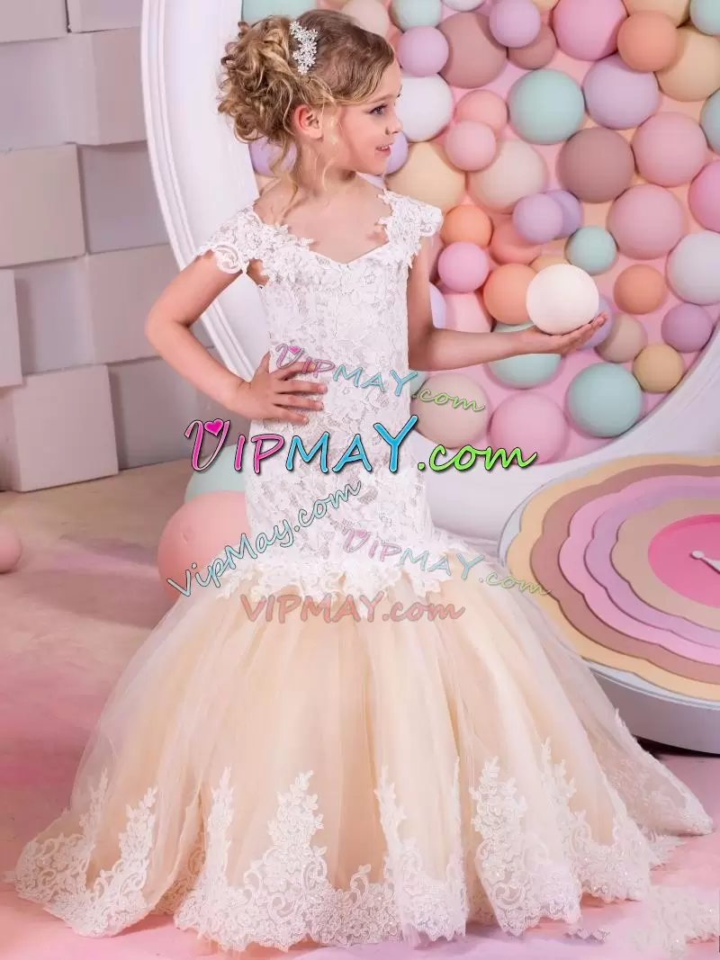 Fantastic Cap Sleeves Off The Shoulder Brush Train Lace and Appliques Lace Up Pageant Gowns