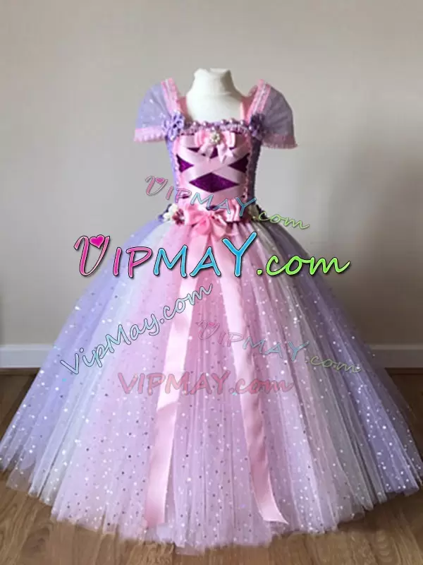 Multi-color Tulle Side Zipper Off The Shoulder Cap Sleeves Floor Length Pageant Dress for Teens Sequins and Bowknot