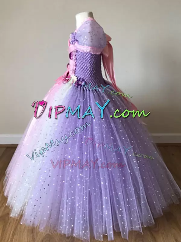 Multi-color Tulle Side Zipper Off The Shoulder Cap Sleeves Floor Length Pageant Dress for Teens Sequins and Bowknot