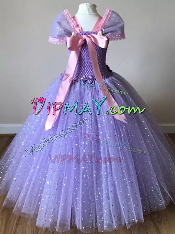 Multi-color Tulle Side Zipper Off The Shoulder Cap Sleeves Floor Length Pageant Dress for Teens Sequins and Bowknot