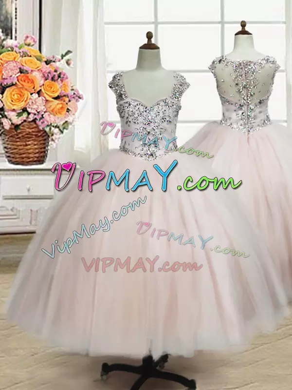 Custom Design Cap Sleeves Straps Beading Zipper Pageant Dress Wholesale