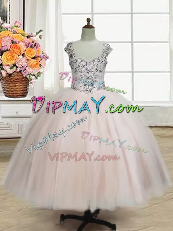 Custom Design Cap Sleeves Straps Beading Zipper Pageant Dress Wholesale