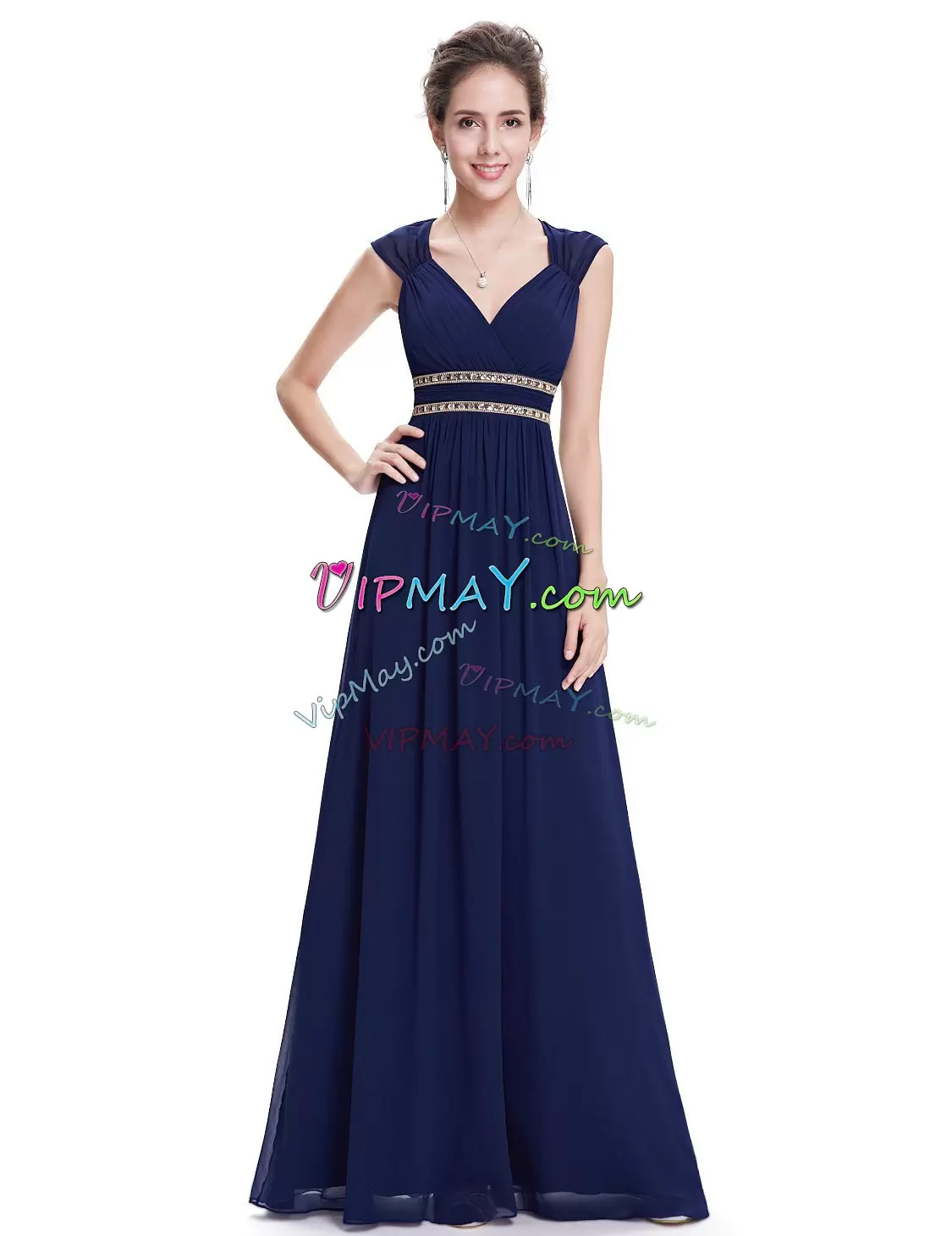 Navy Blue Cap Sleeves Beading Floor Length Bridesmaid Dresses