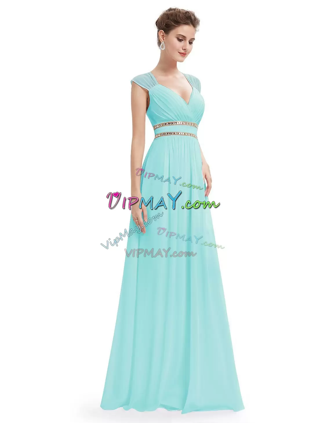 Navy Blue Cap Sleeves Beading Floor Length Bridesmaid Dresses