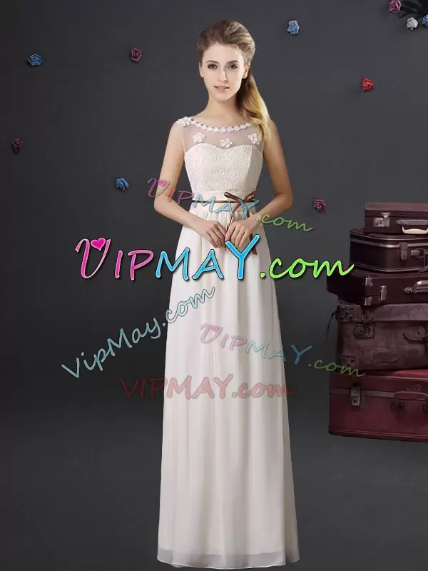 Best Floor Length White Bridesmaid Gown Chiffon Sleeveless Lace and Appliques and Belt