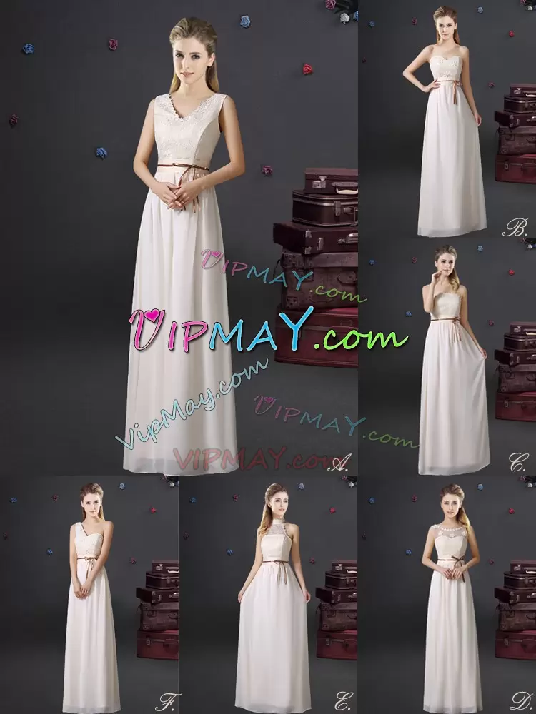 Best Floor Length White Bridesmaid Gown Chiffon Sleeveless Lace and Appliques and Belt