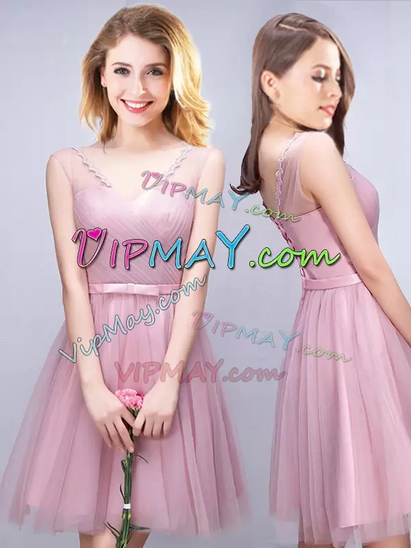 Fine Pink Sleeveless Ruching and Bowknot Mini Length Bridesmaid Dresses