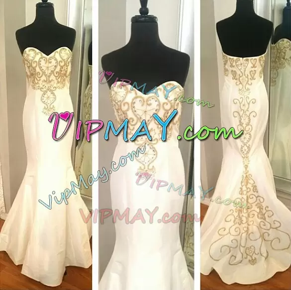 White Mermaid Beading and Embroidery Wedding Gown Zipper Satin Sleeveless