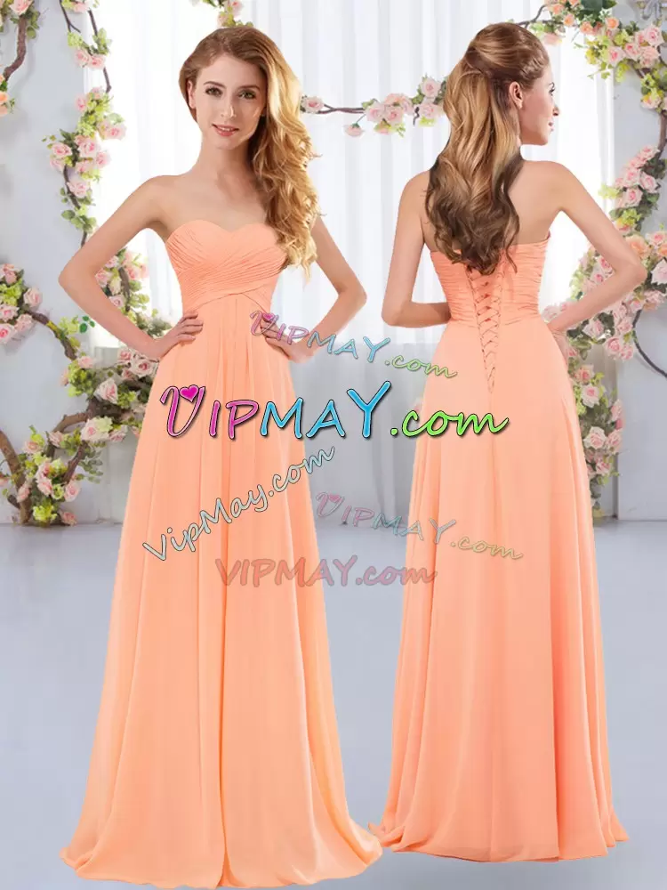 Unique Peach Lace Up Sweetheart Ruching Bridesmaids Dress Chiffon Sleeveless