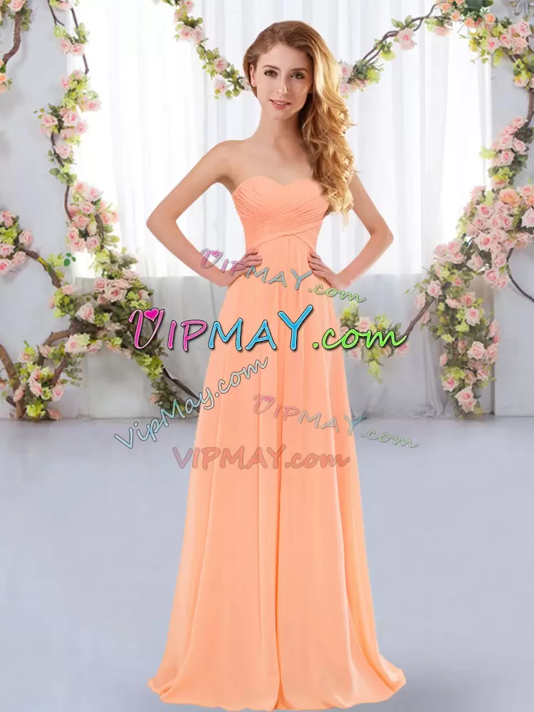 Unique Peach Lace Up Sweetheart Ruching Bridesmaids Dress Chiffon Sleeveless