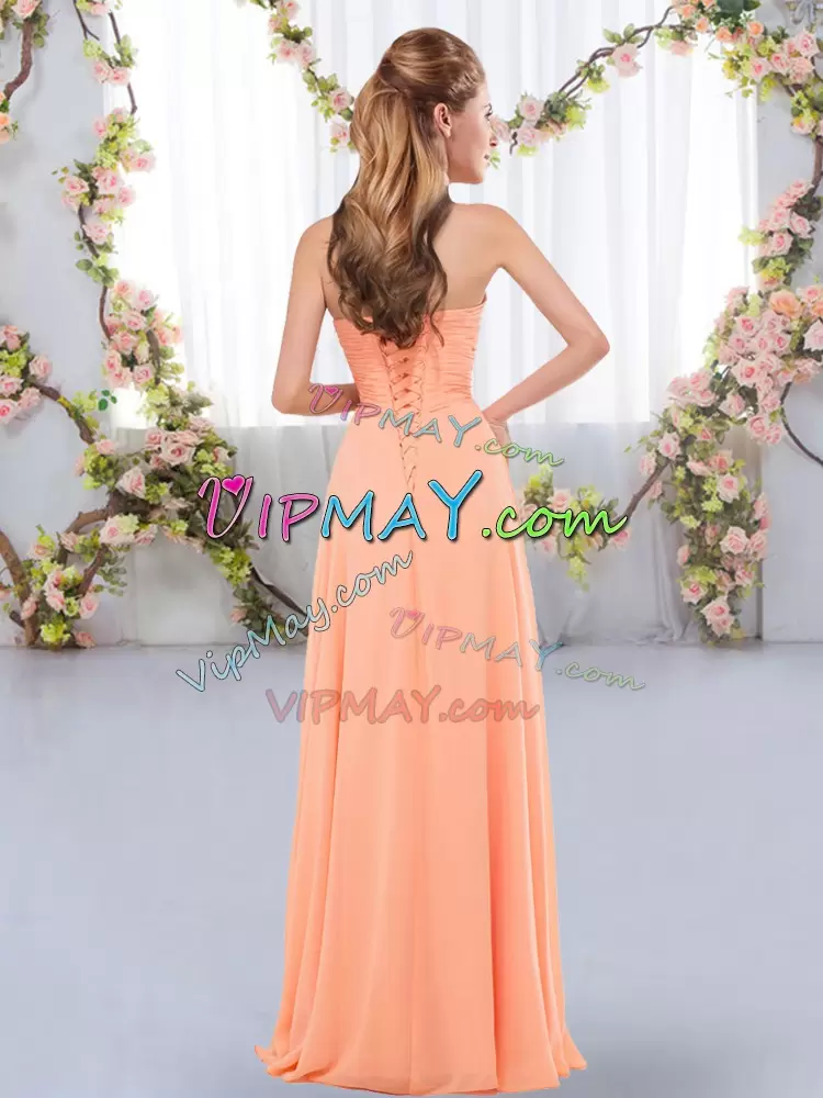 Unique Peach Lace Up Sweetheart Ruching Bridesmaids Dress Chiffon Sleeveless