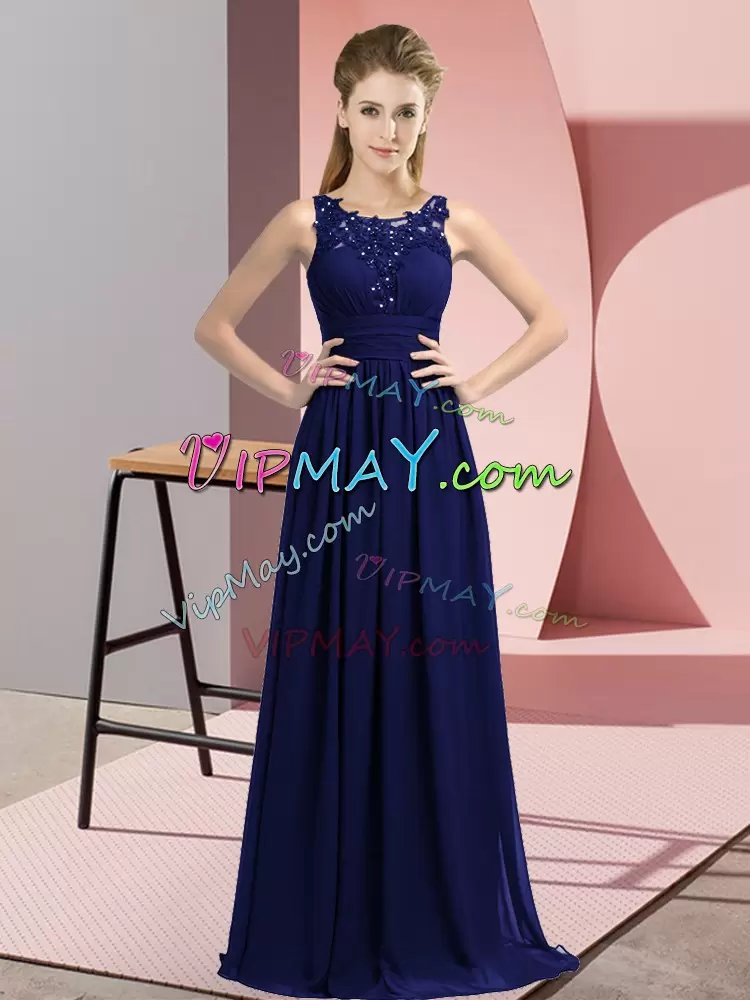 Sophisticated Navy Blue Chiffon Zipper Scoop Sleeveless Floor Length Bridesmaid Dress Beading and Appliques
