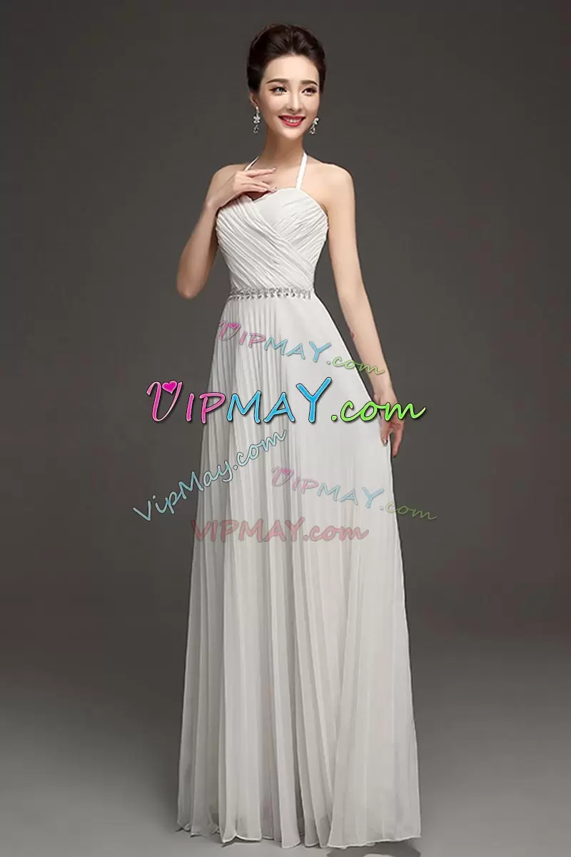Ideal White Lace Up Wedding Guest Dresses Beading Sleeveless Floor Length