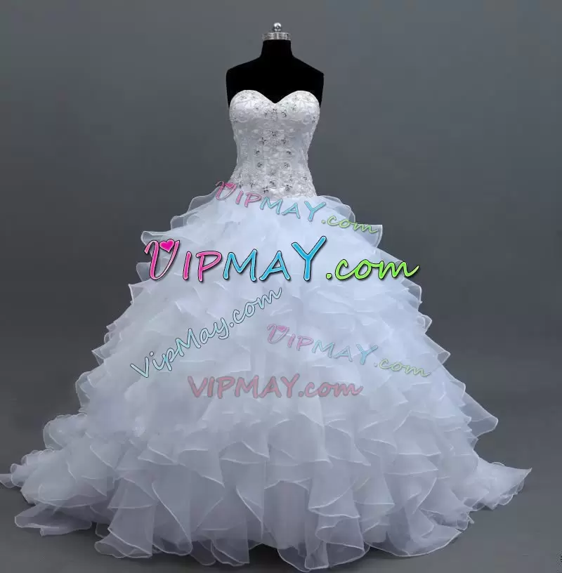 Stylish White Sweetheart Neckline Beading and Ruffles Wedding Dress Sleeveless Lace Up