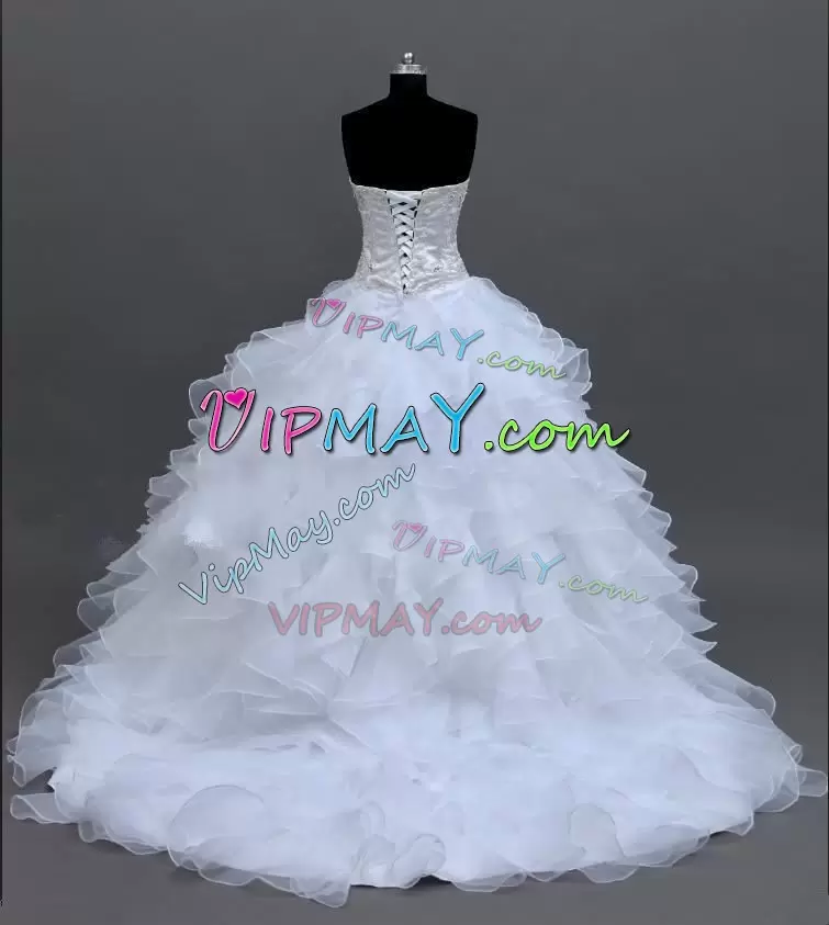 Stylish White Sweetheart Neckline Beading and Ruffles Wedding Dress Sleeveless Lace Up