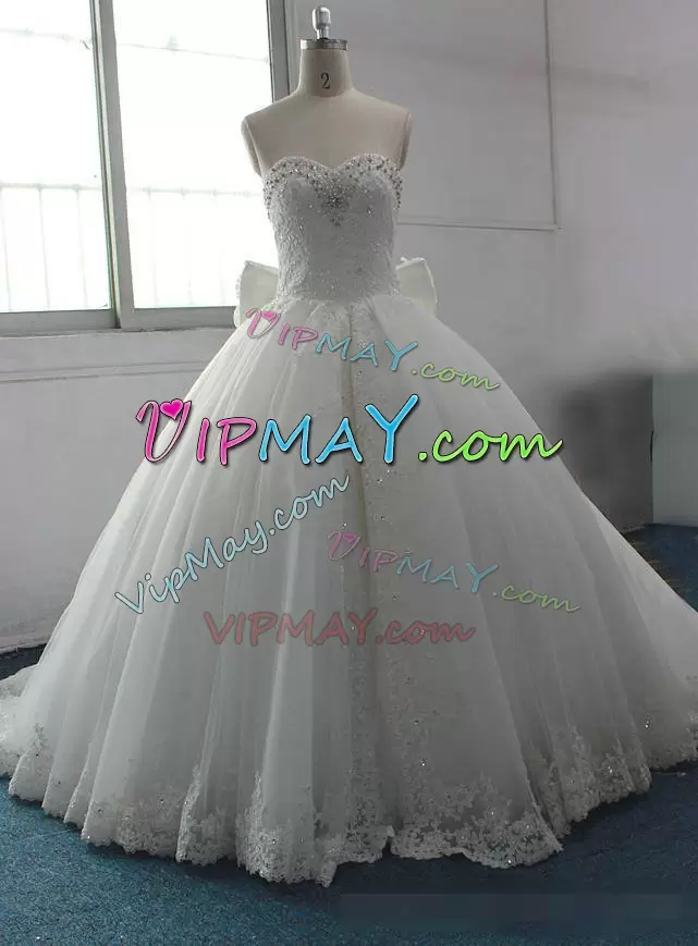 Fabulous Sweetheart Sleeveless Wedding Gowns Court Train Appliques and Sequins and Bowknot White