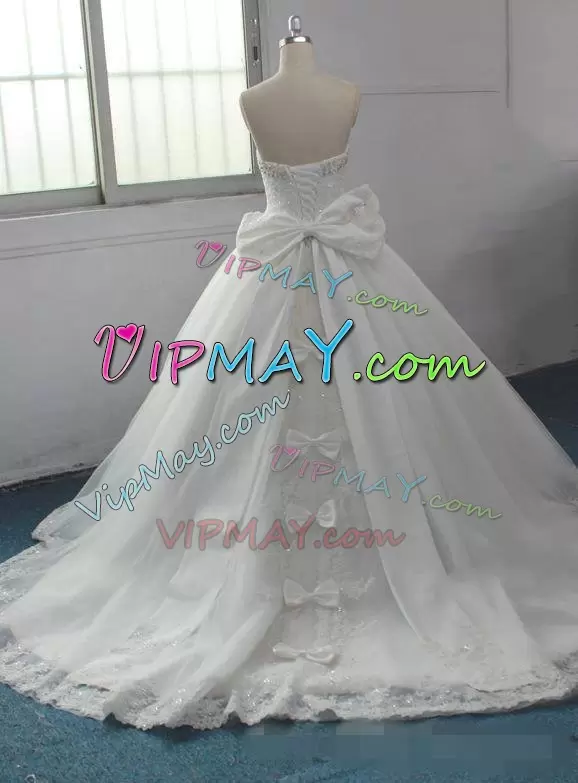 Fabulous Sweetheart Sleeveless Wedding Gowns Court Train Appliques and Sequins and Bowknot White