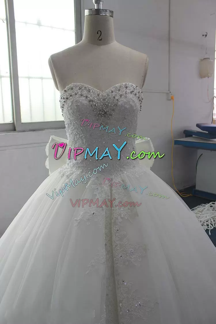 Fabulous Sweetheart Sleeveless Wedding Gowns Court Train Appliques and Sequins and Bowknot White