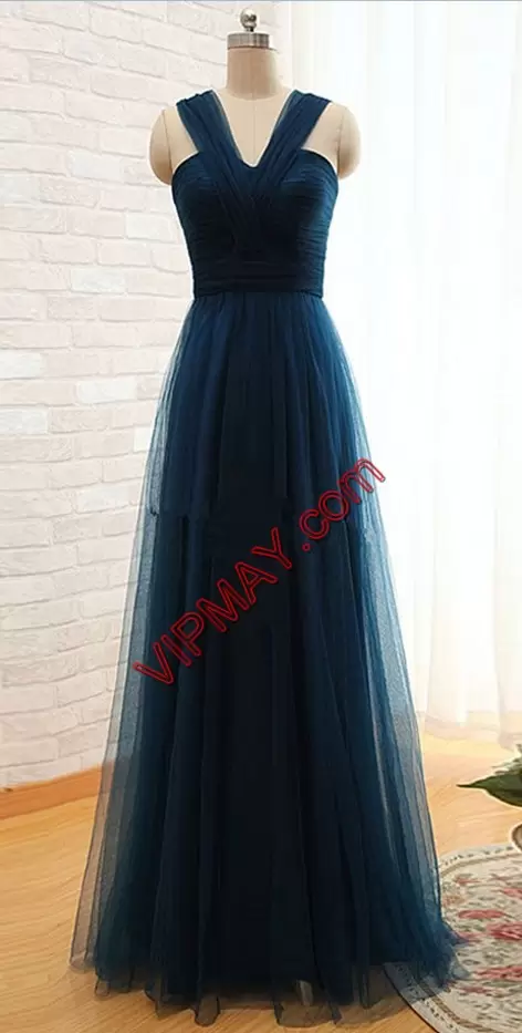 Glorious Teal Straps Ruching Quinceanera Court of Honor Dress Tulle Sleeveless