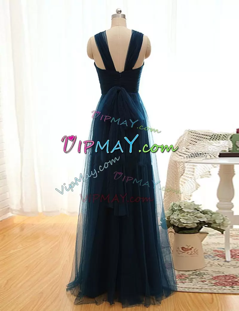 Glorious Teal Straps Ruching Quinceanera Court of Honor Dress Tulle Sleeveless