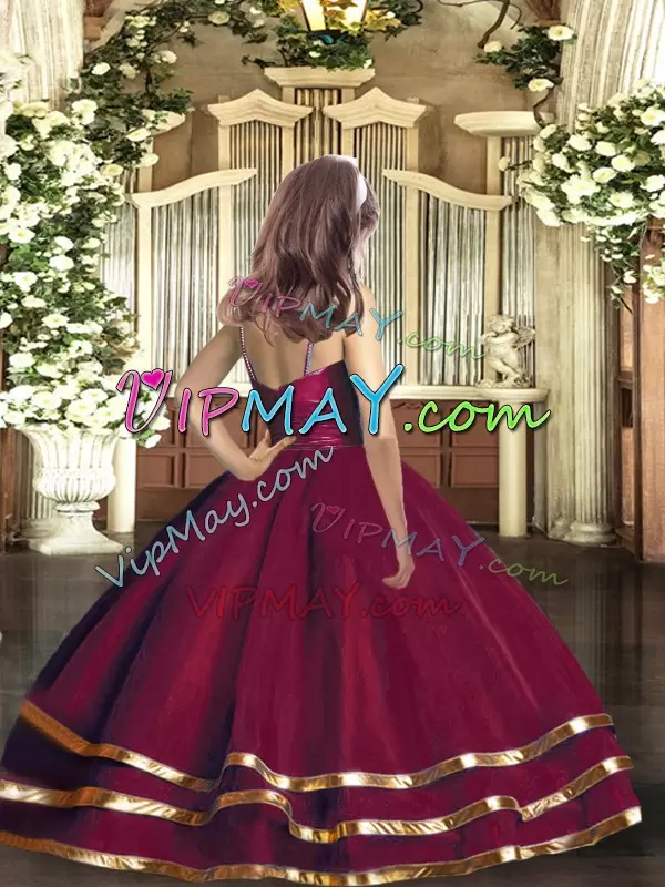 Burgundy Zipper V-neck Ruffled Layers Pageant Dress Womens Tulle Sleeveless