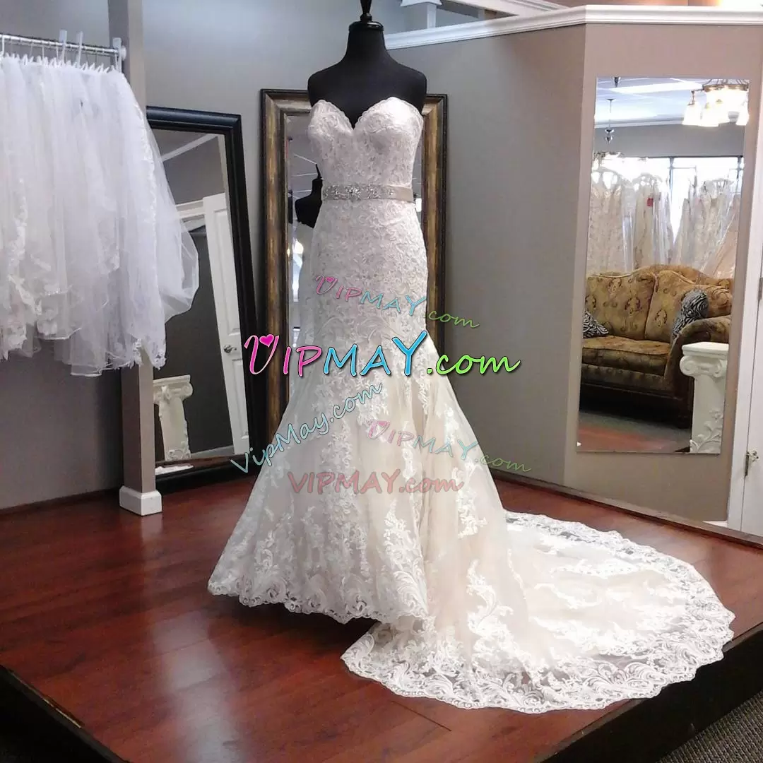 Satin Sweetheart Sleeveless Court Train Lace Up Beading and Lace and Appliques Bridal Gown in White