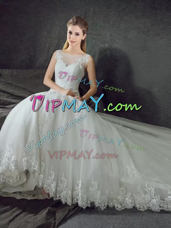 Adorable Scoop Sleeveless Wedding Gown With Train Court Train Lace and Appliques White Tulle