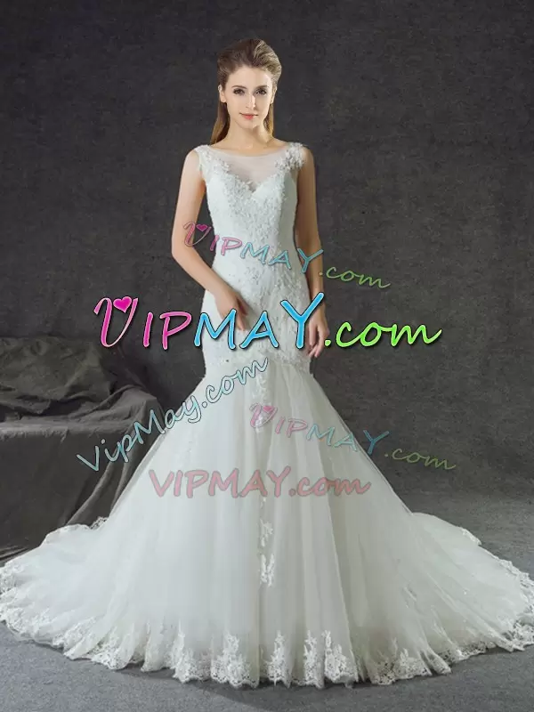Adorable Scoop Sleeveless Wedding Gown With Train Court Train Lace and Appliques White Tulle