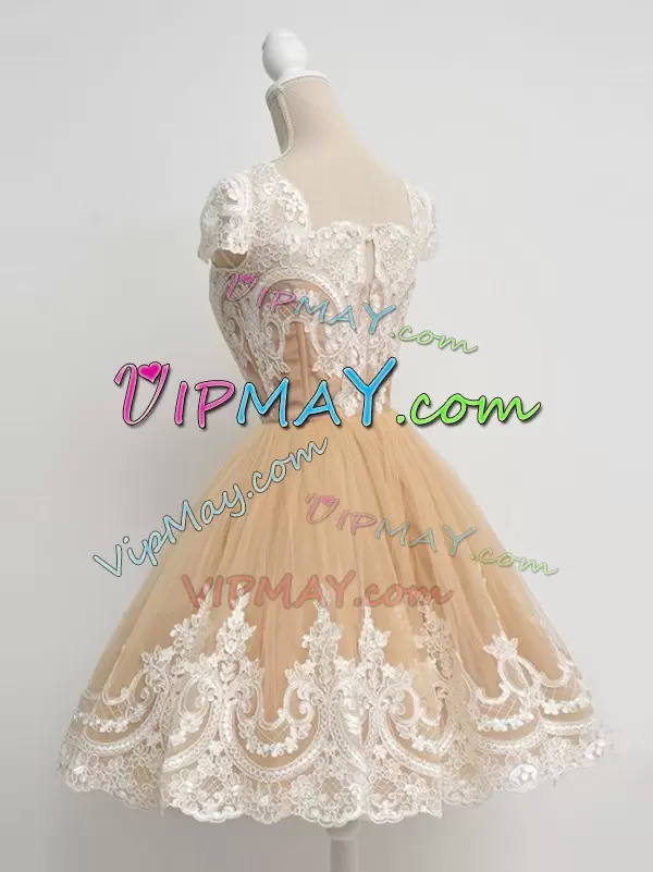 Peach Cap Sleeves Knee Length Lace Zipper Bridesmaid Dress Square