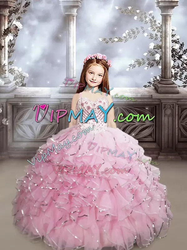 Amazing Baby Pink Little Girls Pageant Gowns Organza Brush Train Sleeveless Beading and Ruffles