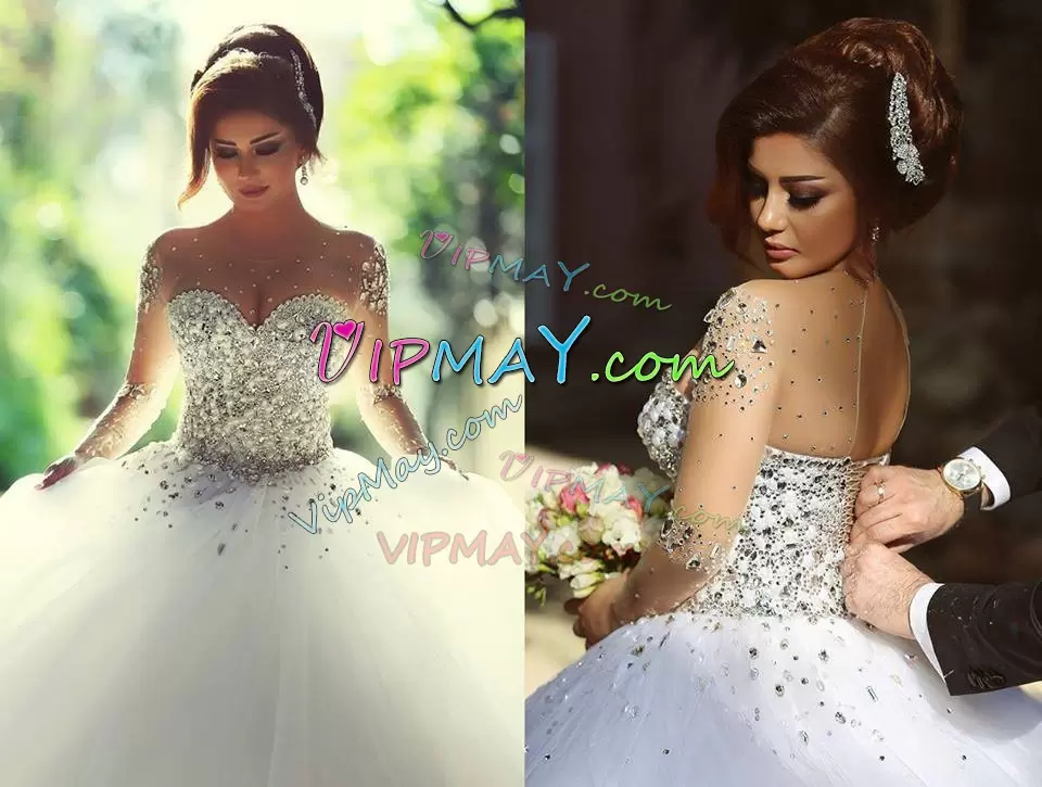 Suitable White Lace Up Scoop Beading Wedding Dress Tulle Long Sleeves