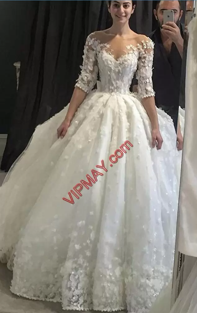 Scoop Long Sleeves Bridal Gown Court Train Hand Made Flower White Organza