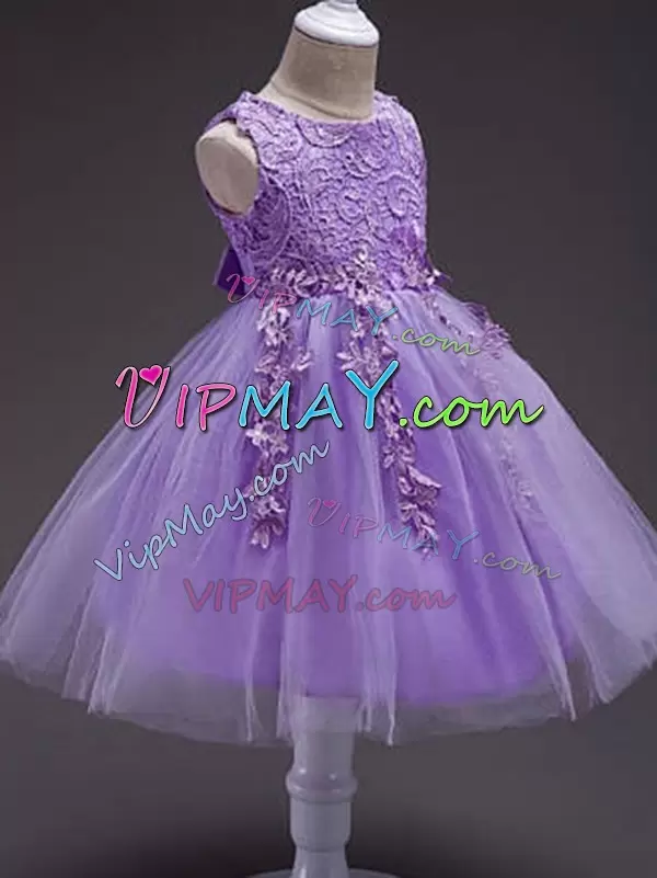 Lavender Sleeveless Knee Length Lace and Belt Zipper Glitz Pageant Dress Scoop