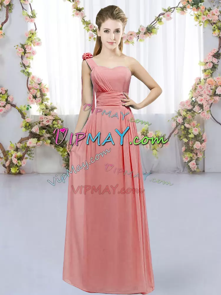 One Shoulder Sleeveless Vestidos de Damas Floor Length Hand Made Flower Watermelon Red Chiffon