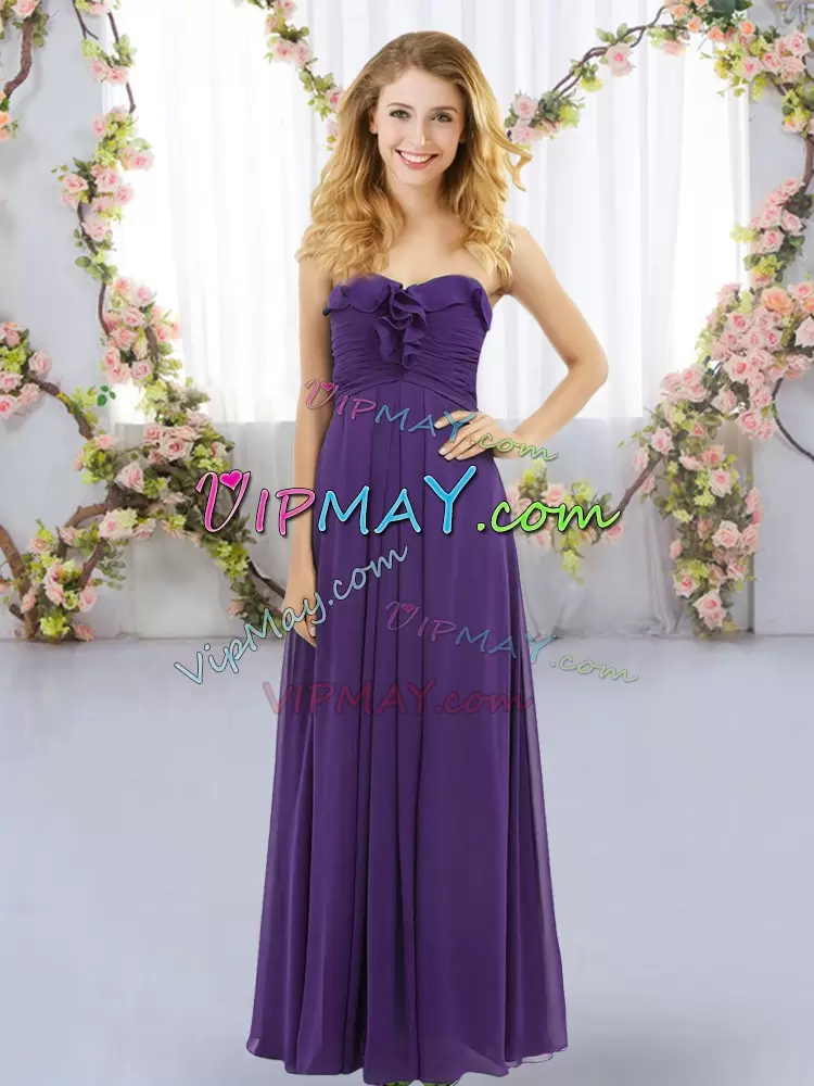 Purple Sleeveless Floor Length Ruffles Lace Up Bridesmaid Gown Sweetheart