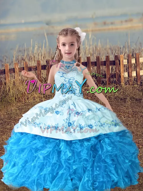 Charming Floor Length Baby Blue Little Girls Pageant Gowns Organza Sleeveless Beading and Embroidery and Ruffles